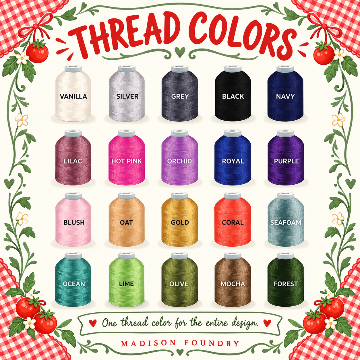 Twenty embroidery thread color choices with red gingham farm styling