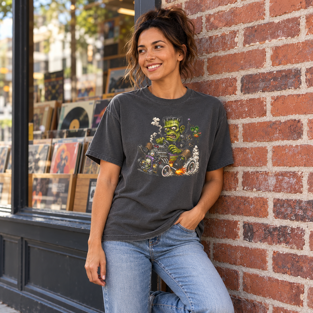 Frankenstein Hot Rod charcoal tee — woman outside a record shop