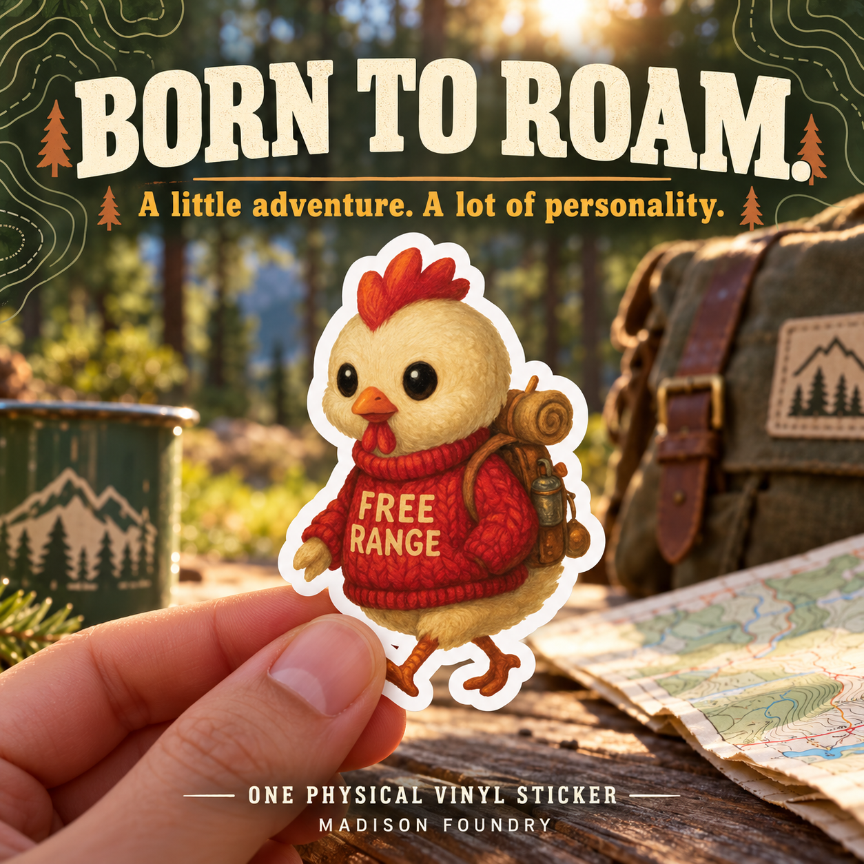 Born to Roam — hand-held Free Range Chicken sticker