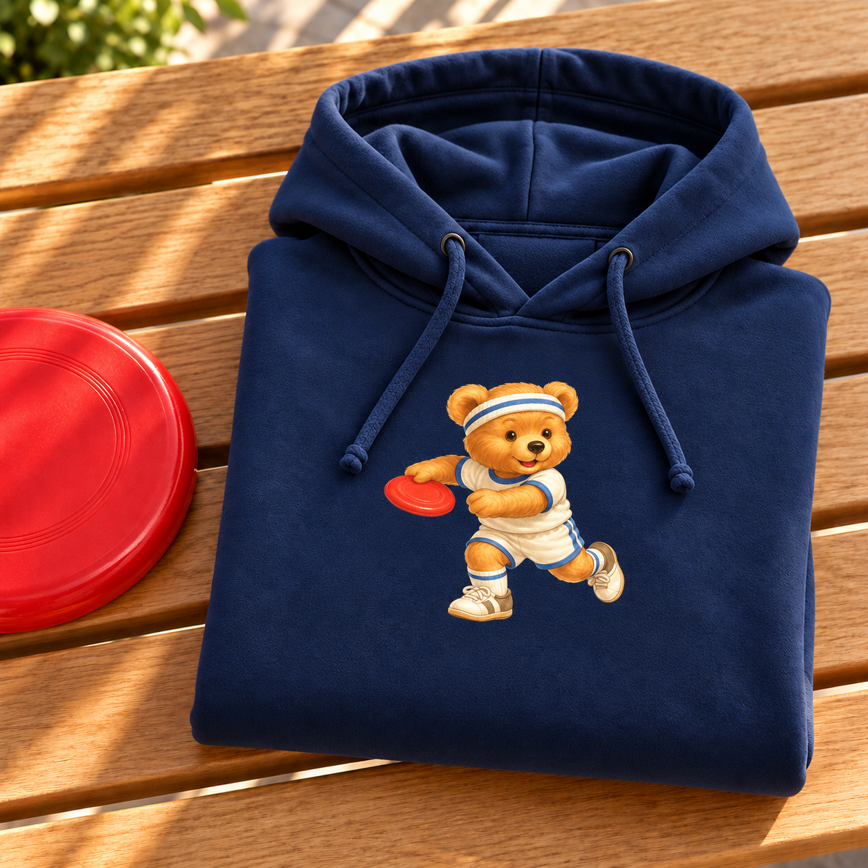 Folded navy Frisbee Bear Hoodie beside red frisbee