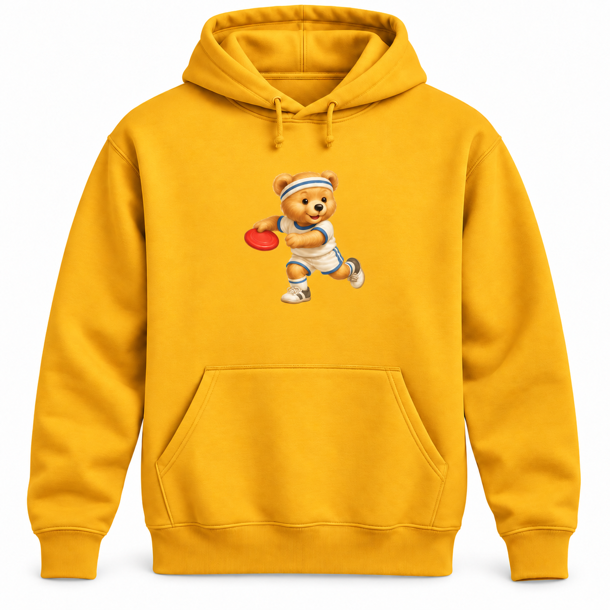 Gold Frisbee Bear Hoodie with consistent chest print size