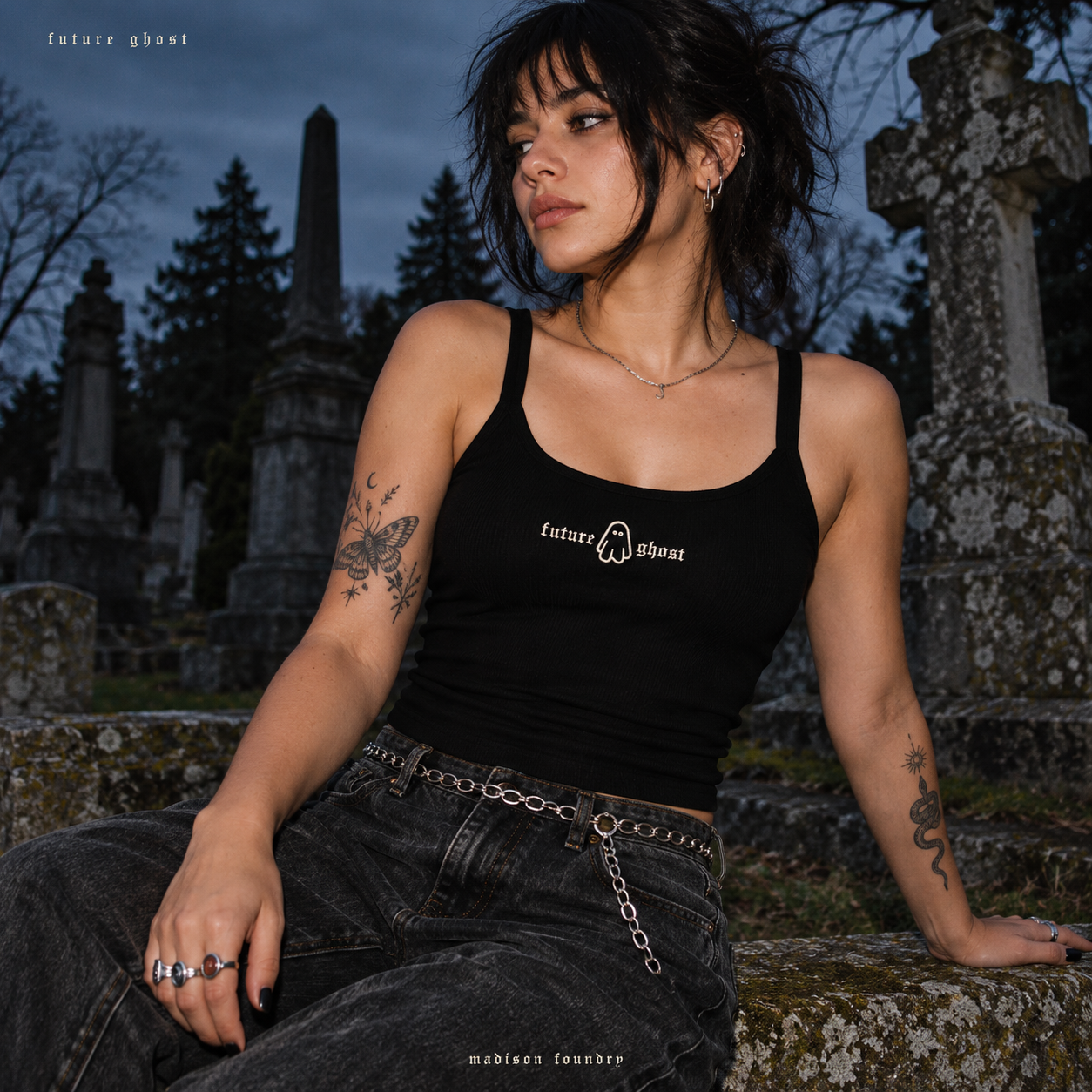 Future Ghost embroidered black tank — moody cemetery editorial