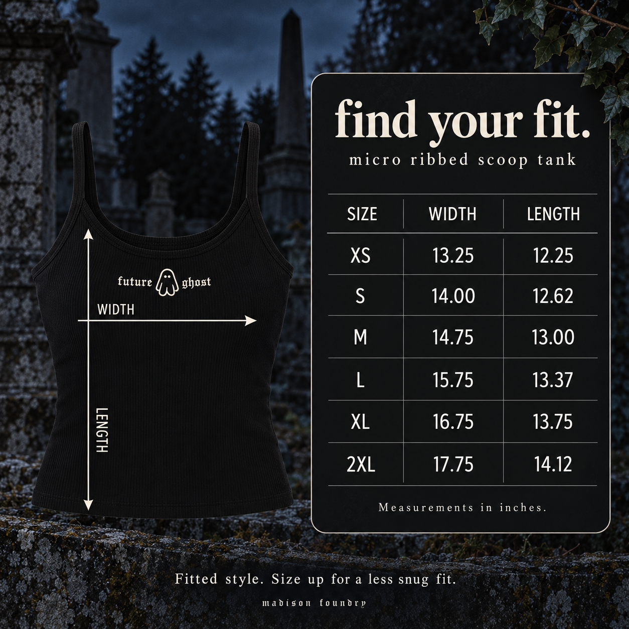 Find your fit — scoop tank measurements in inches, XS to 2XL