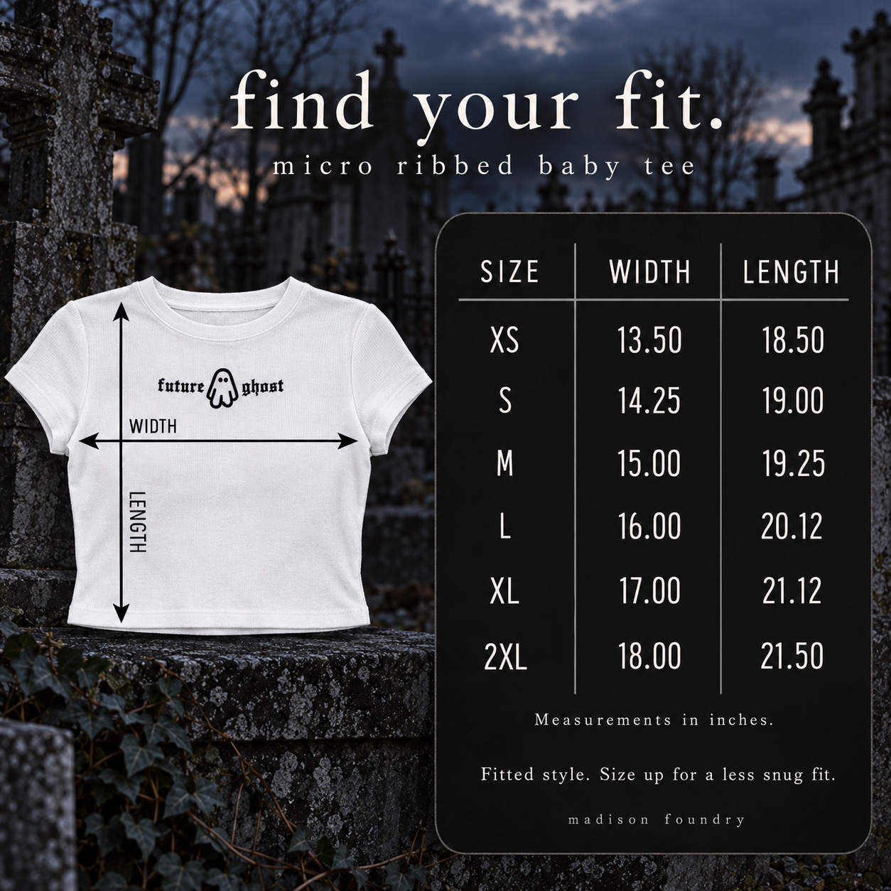 Find your fit — baby tee measurements in inches, XS to 2XL