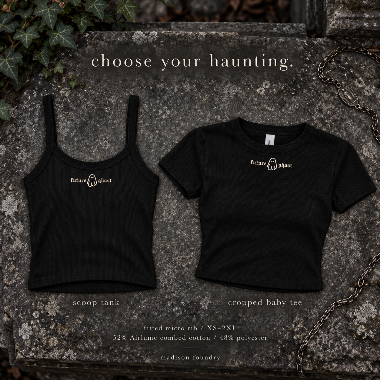 Choose your haunting — scoop tank and cropped baby tee on weathered stone