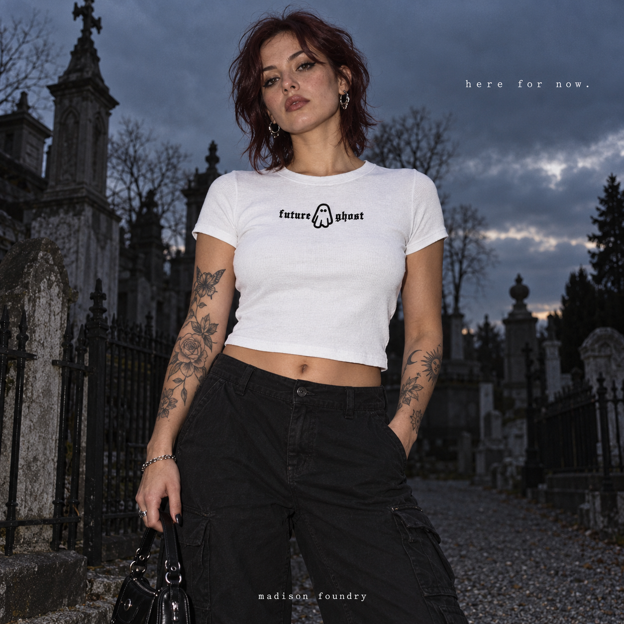 Here for now — Future Ghost cropped white baby tee at blue hour