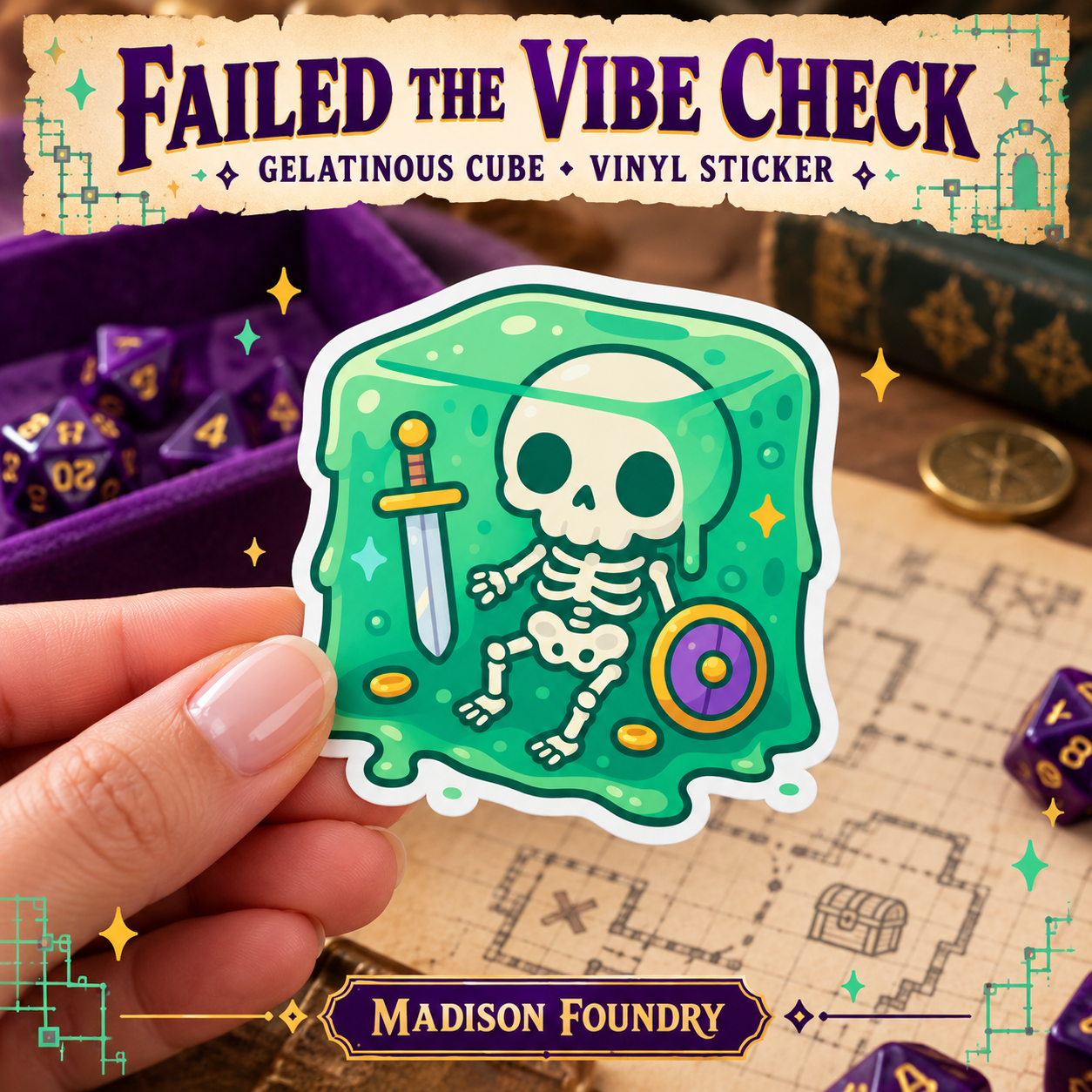 Hand-held green gelatinous cube sticker with skeleton, sword and shield, over a tabletop game map and purple dice.
