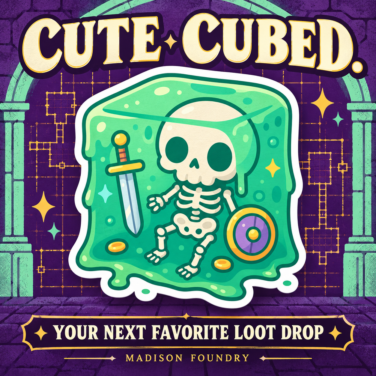 Cute Cubed gelatinous cube sticker spotlight with mint dungeon arch, violet background and gold map accents.