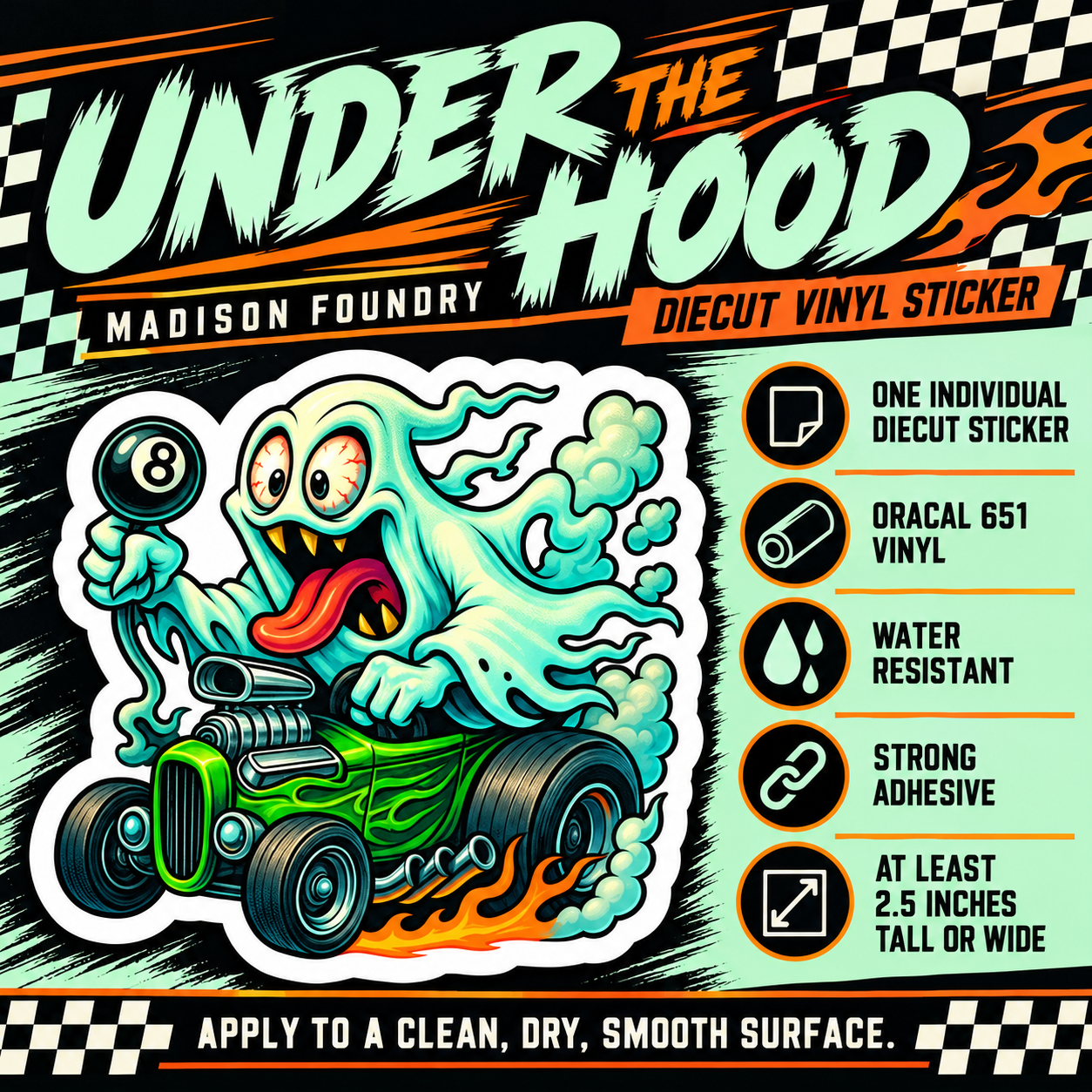 Ghost hot rod sticker materials and dimensions