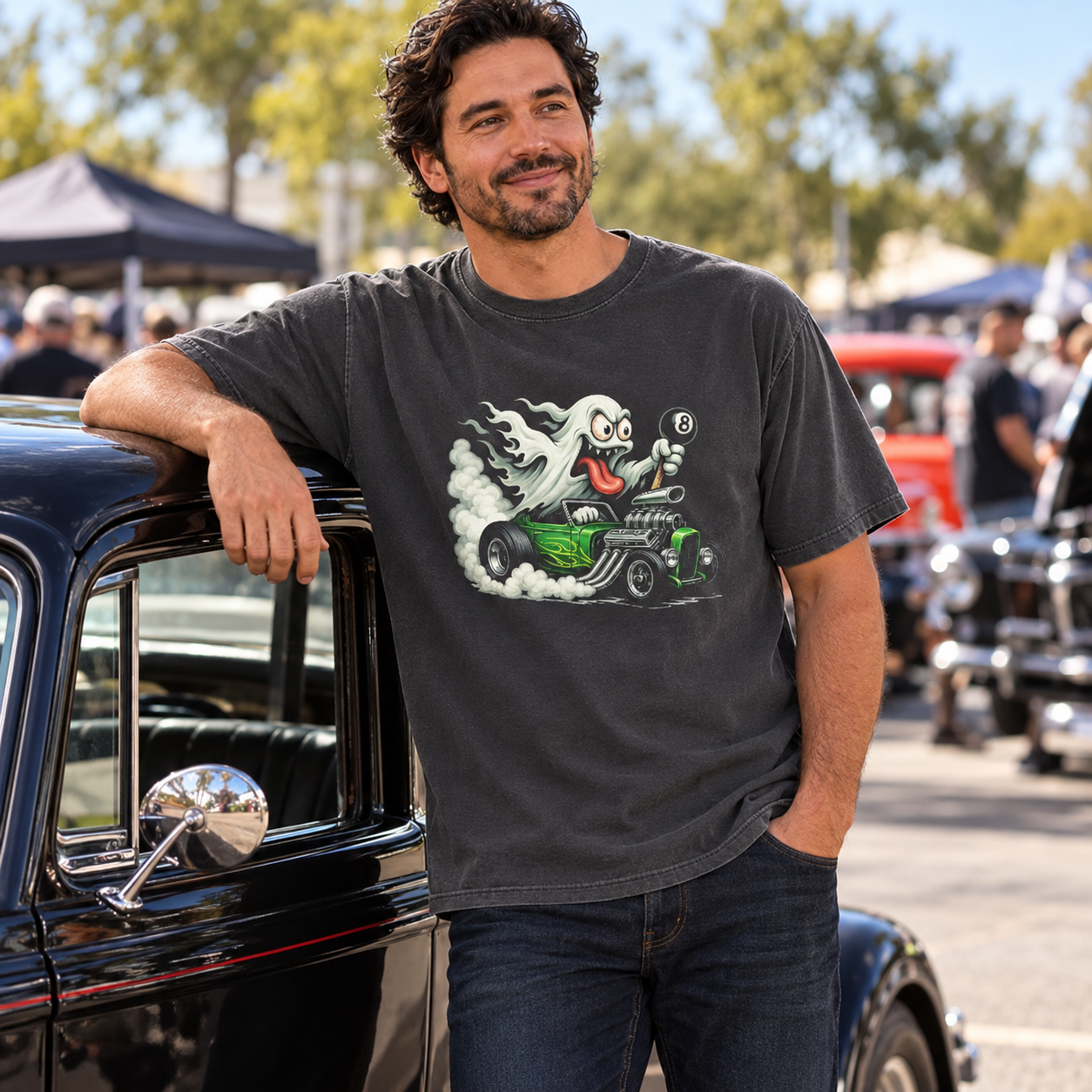 Ghost Hot Rod charcoal tee — man at a vintage car meetup