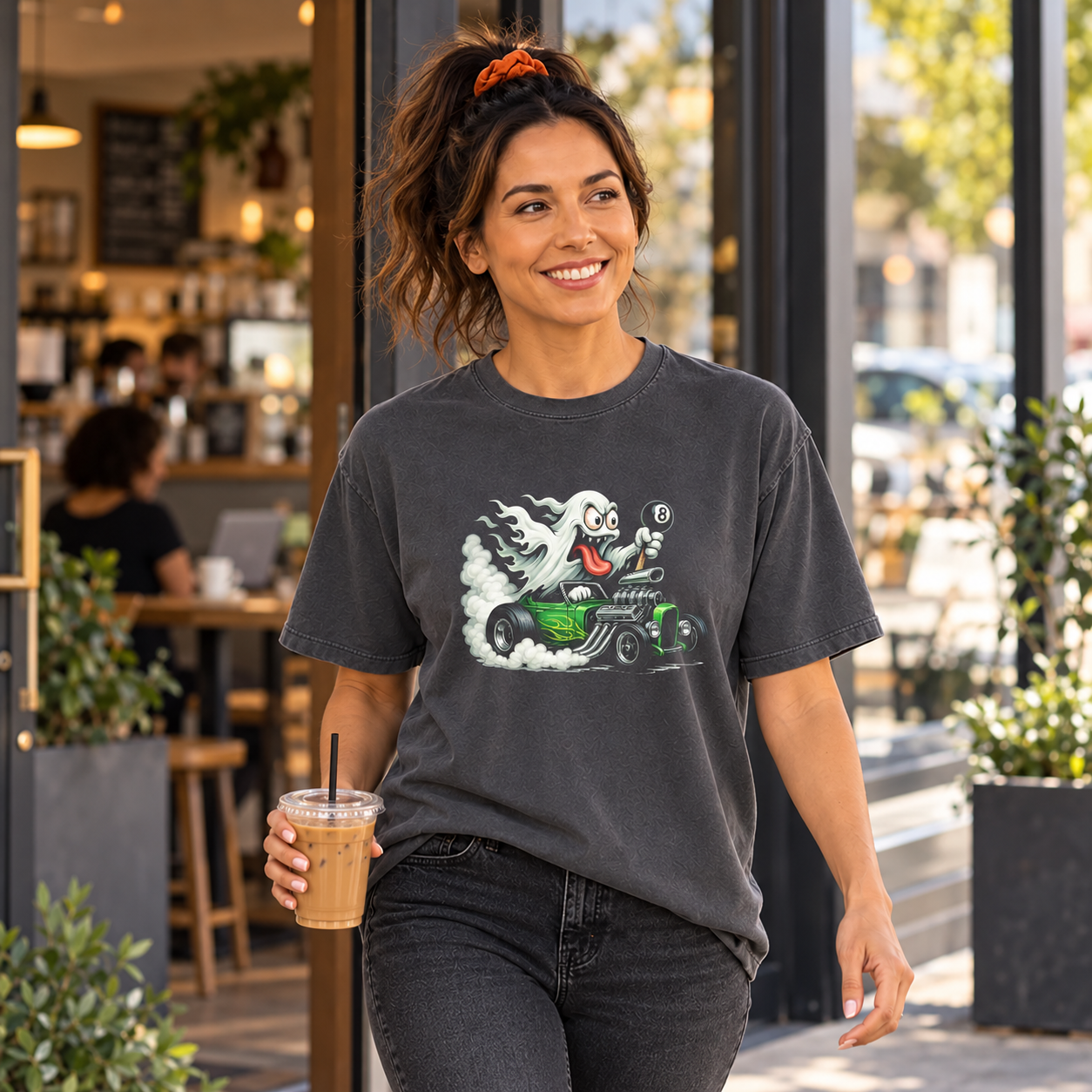 Ghost Hot Rod charcoal tee — candid women's coffee shop lifestyle