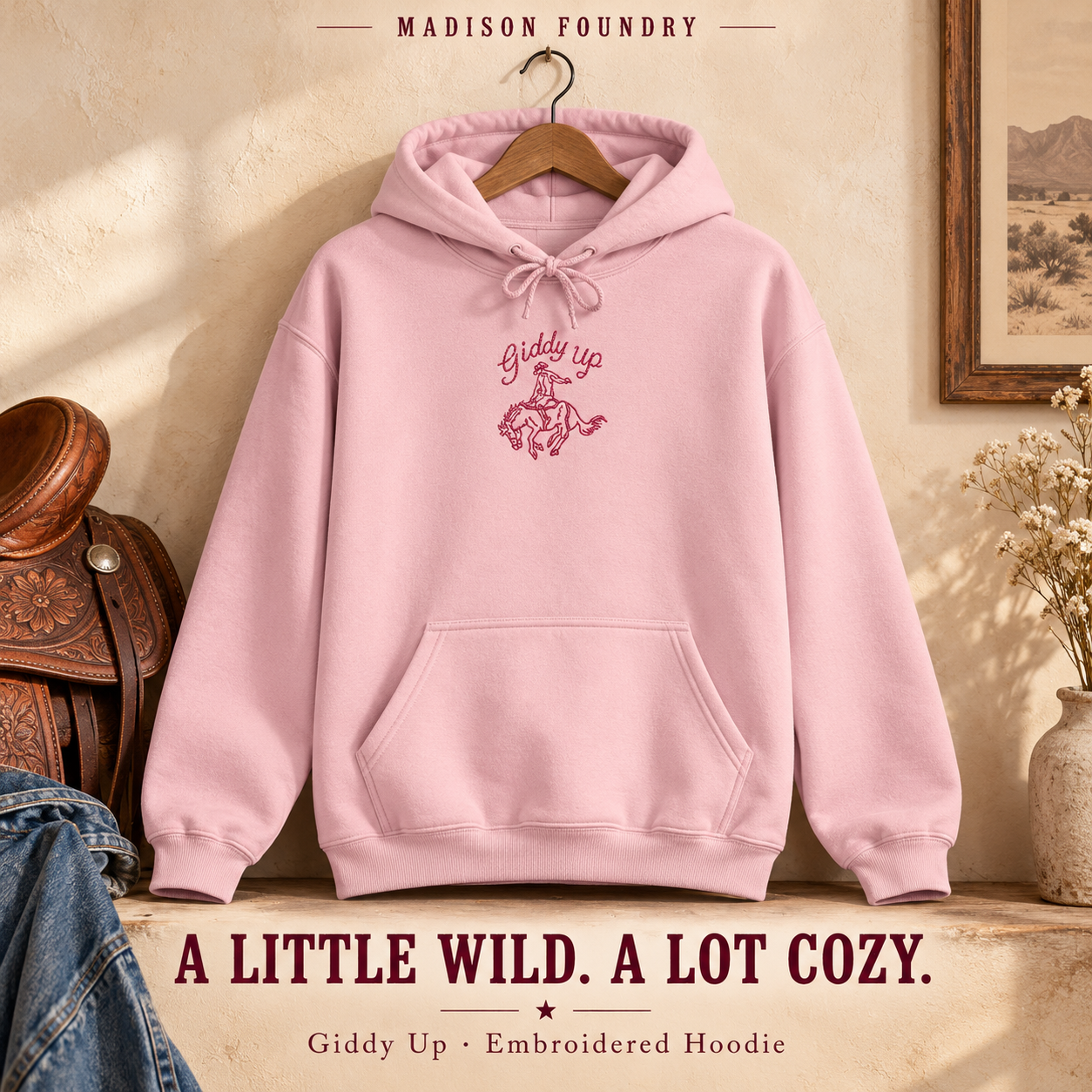Giddy Up embroidered pink hoodie with burgundy Western design