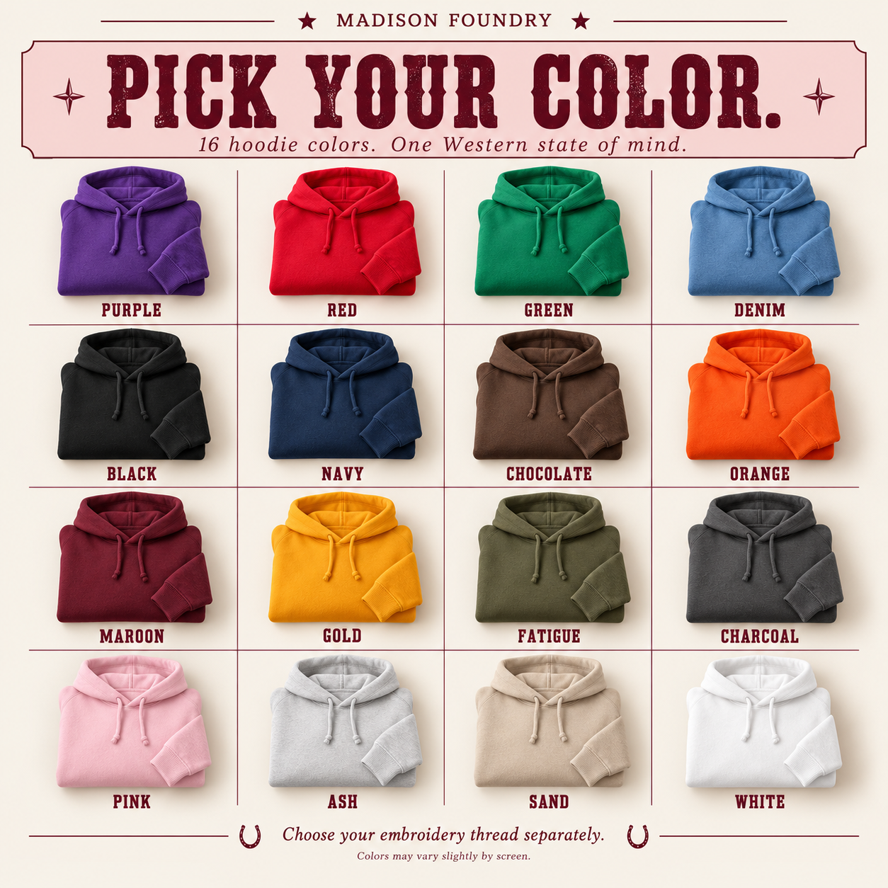 Sixteen hoodie color choices