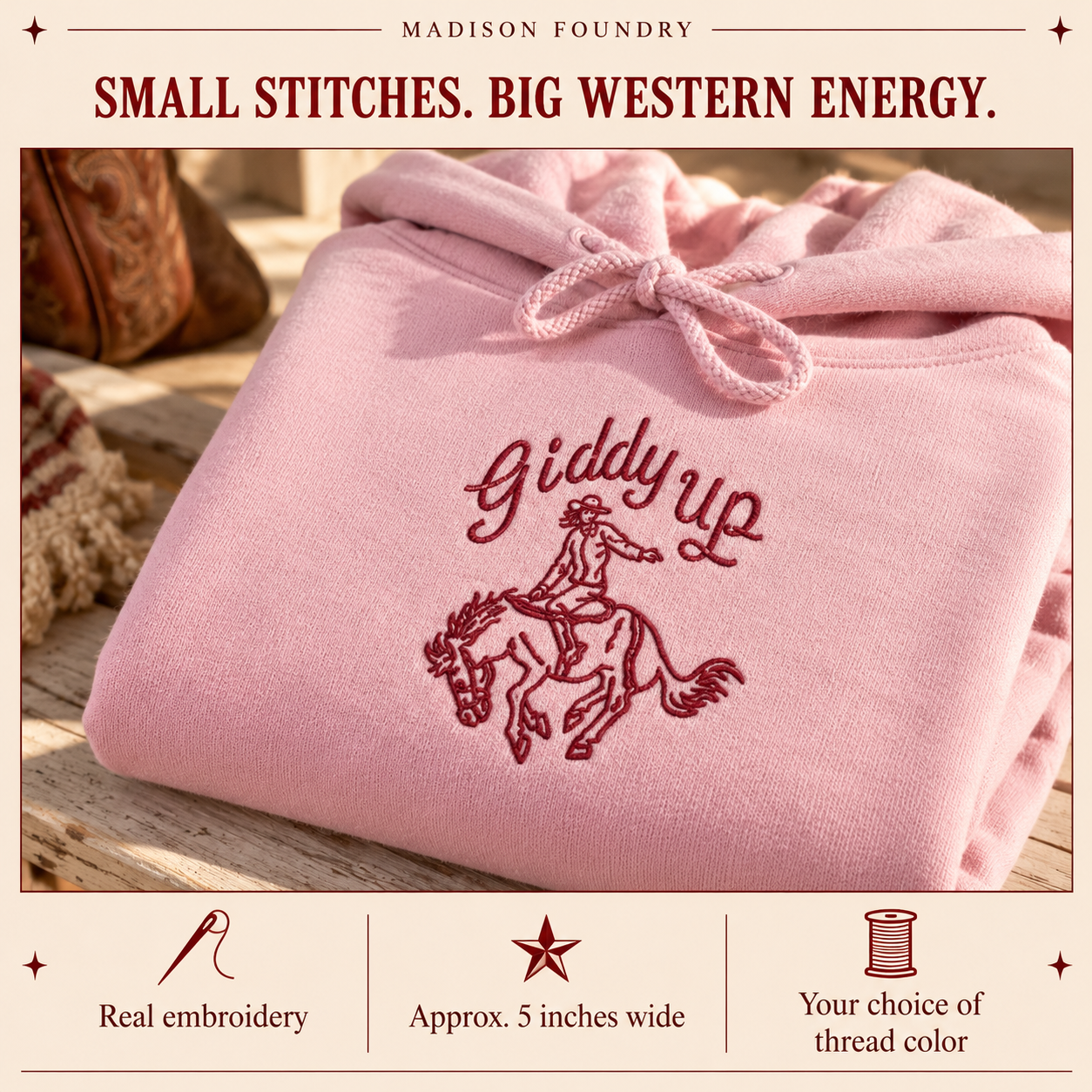 Close-up of Giddy Up single-color embroidery