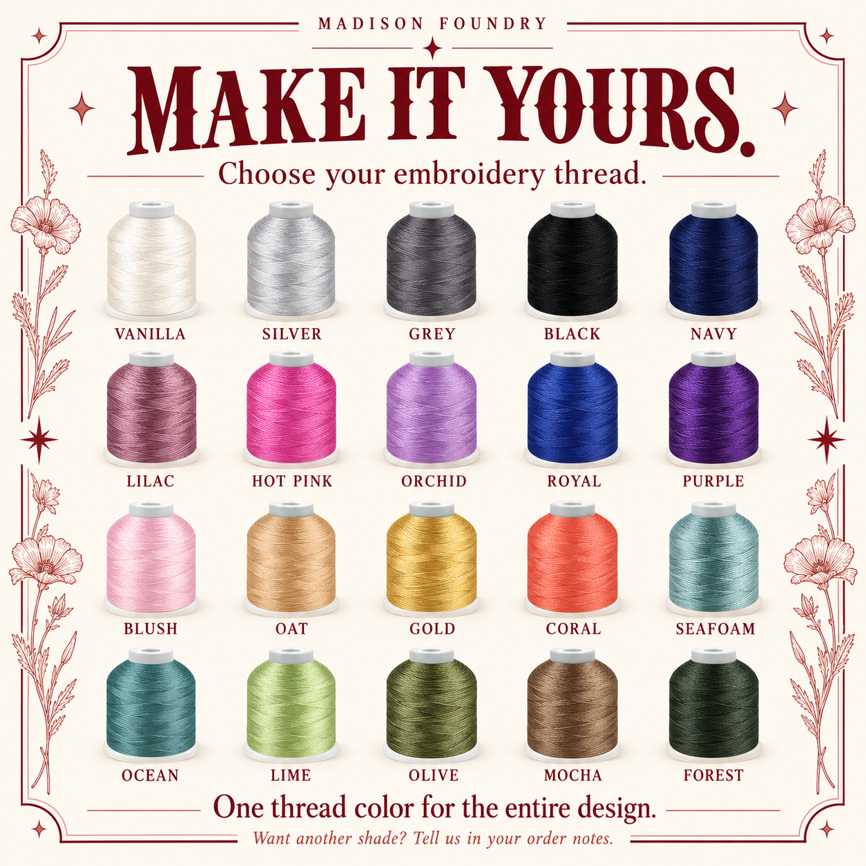 Twenty embroidery thread color choices