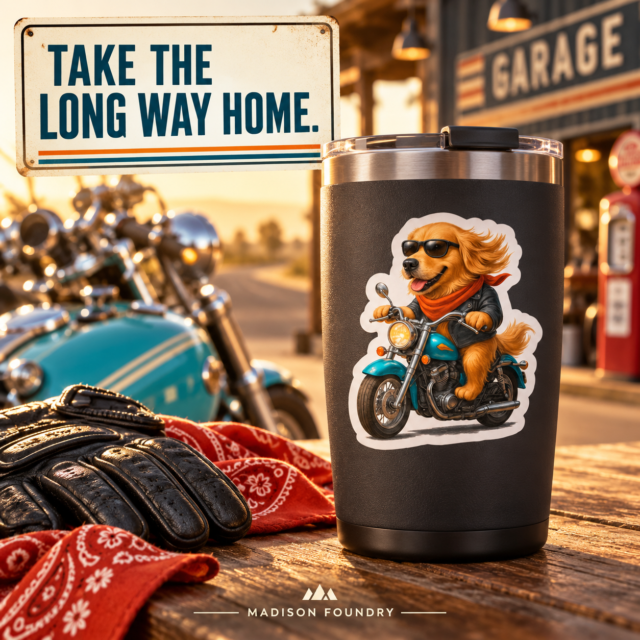 Golden retriever biker sticker on travel mug