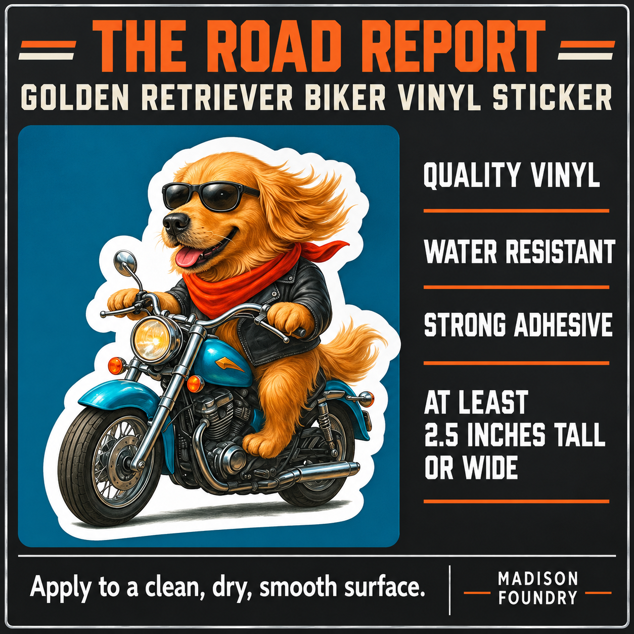 Golden retriever biker vinyl sticker specifications