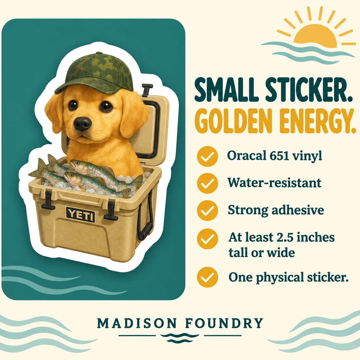 Golden retriever sticker details: Oracal 651 vinyl, water-resistant, strong adhesive, at least 2.5 inches tall or wide, one physical sticker.