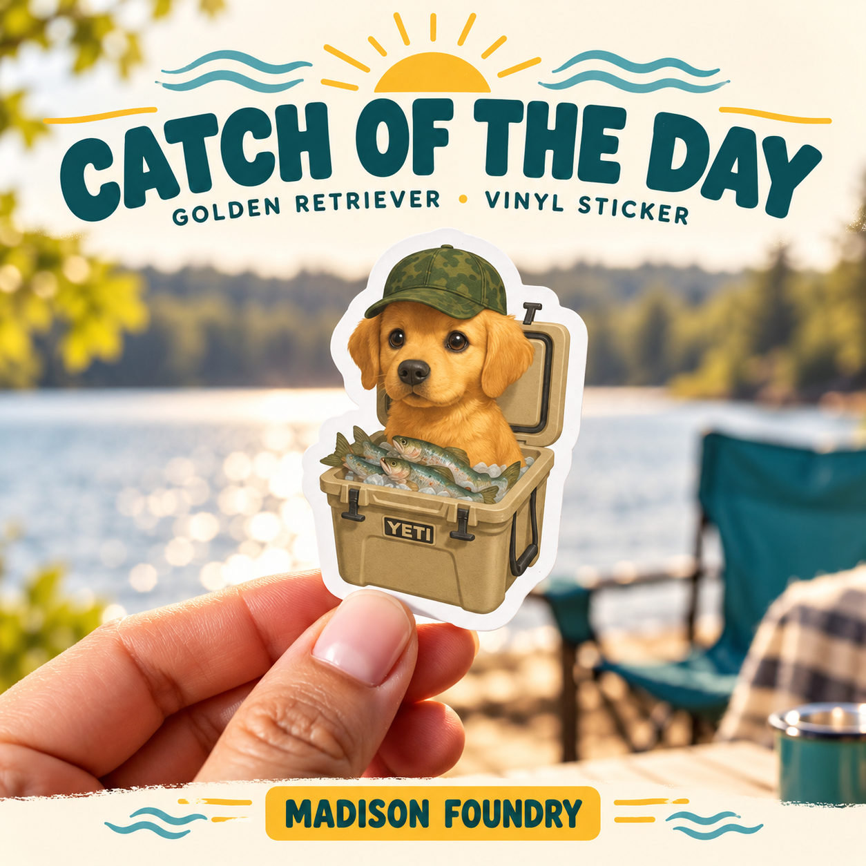 Golden retriever puppy in a fishing cooler vinyl sticker held by a sunny lake with teal and yellow Catch of the Day styling.
