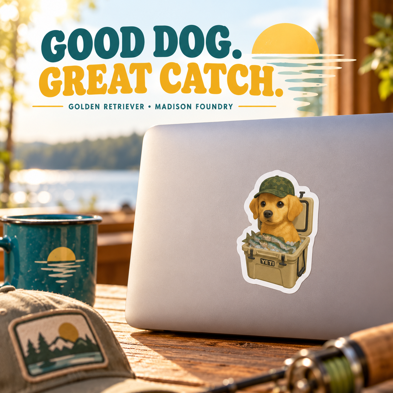 Golden retriever fishing cooler sticker on a silver laptop by a sunny lake cabin window with teal mug and fishing hat.