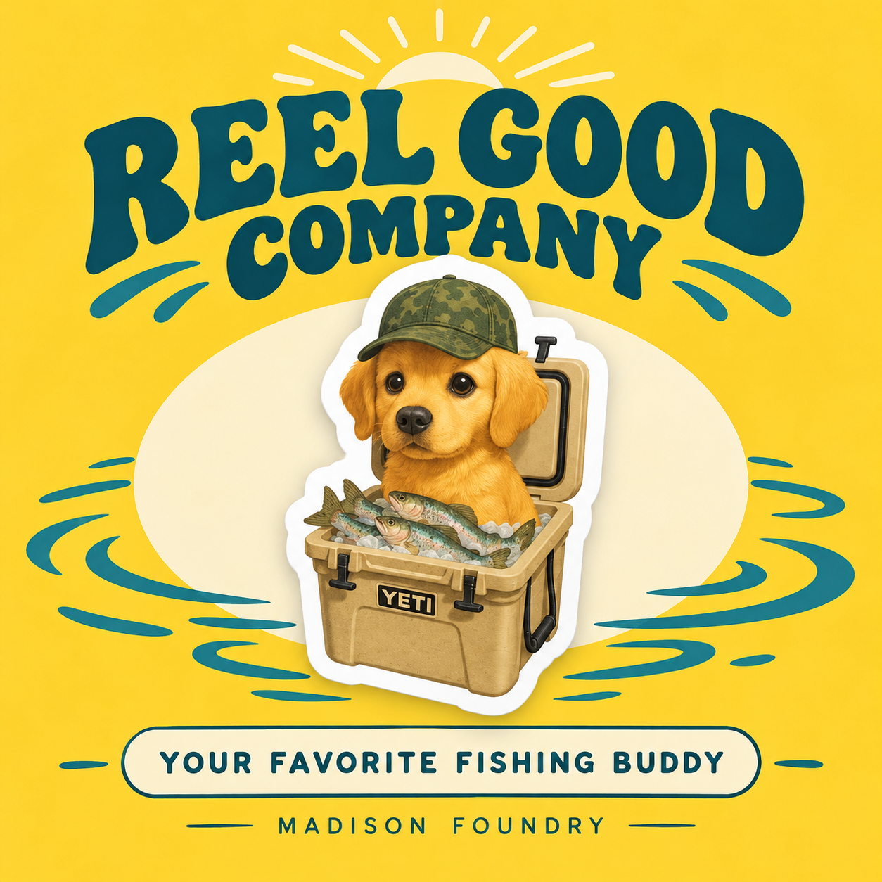 Golden retriever in a cooler sticker spotlight with sunshine yellow background, teal ripples and Reel Good Company headline.