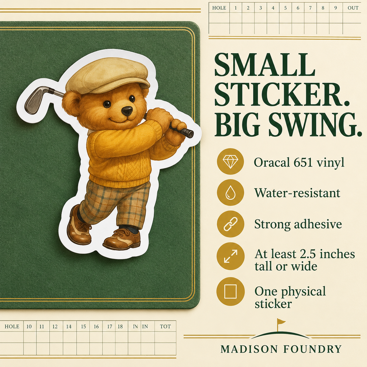 Golf Bear sticker details: Oracal 651 vinyl, water-resistant, strong adhesive, at least 2.5 inches tall or wide, one physical sticker.