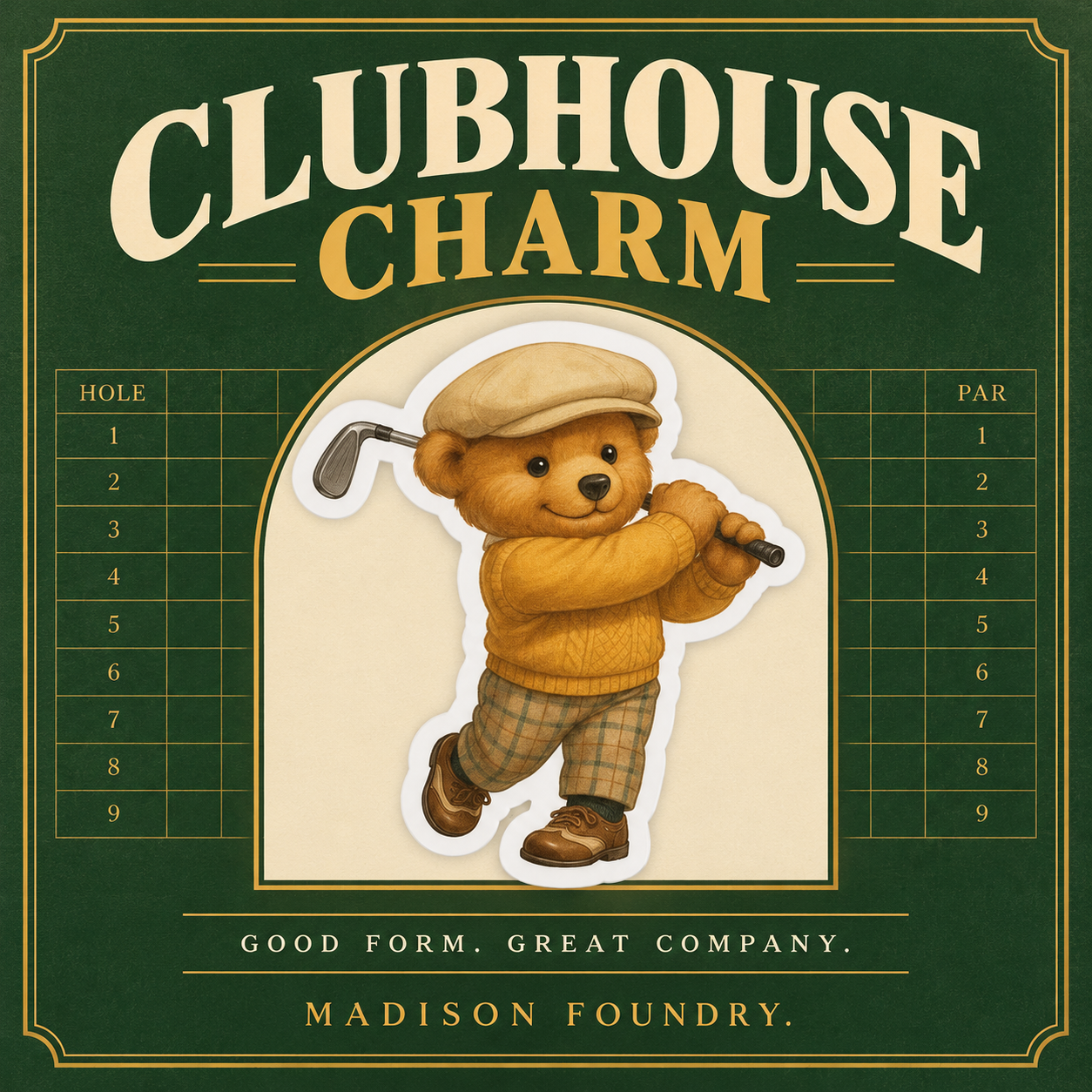 Golf Bear Clubhouse Charm design spotlight in fairway green, ivory and mustard with scorecard details.