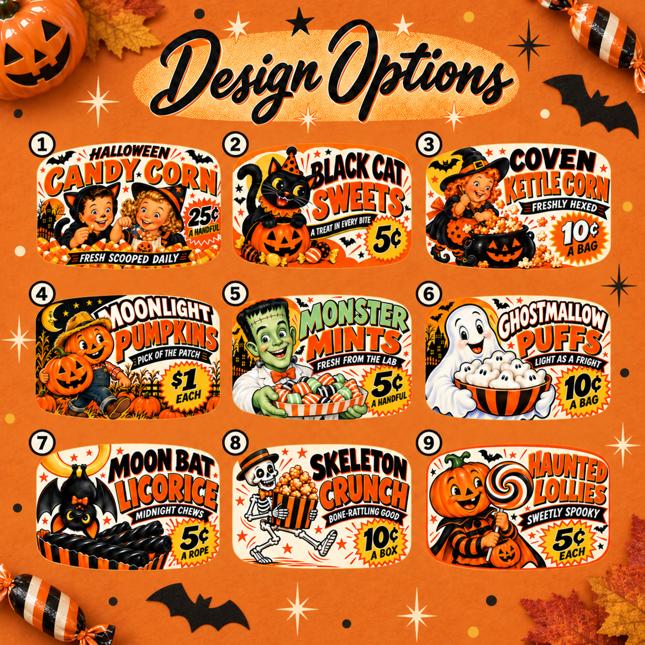 Nine vintage Halloween candy shop pill box designs