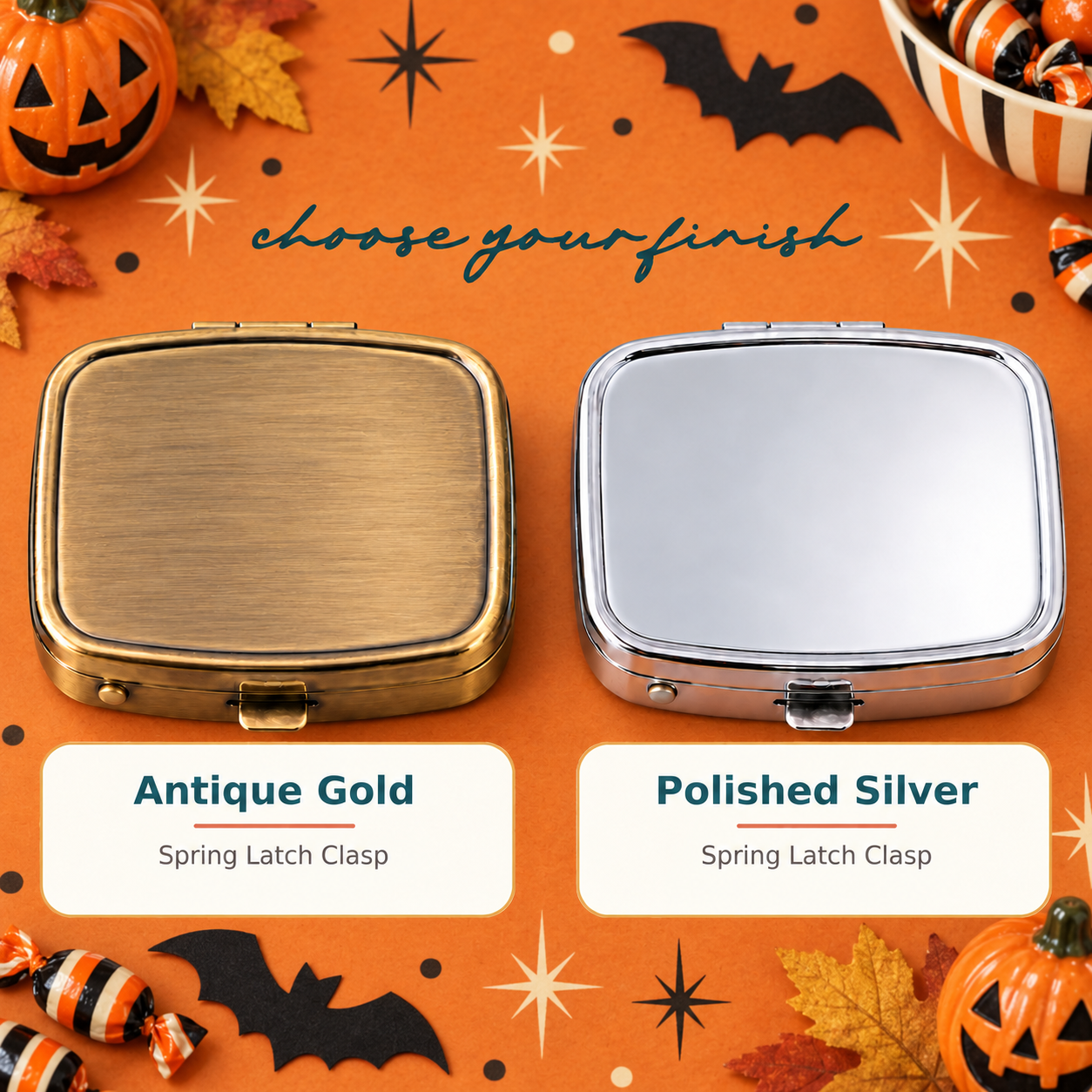 Antique Gold and Polished Silver pill box finish options
