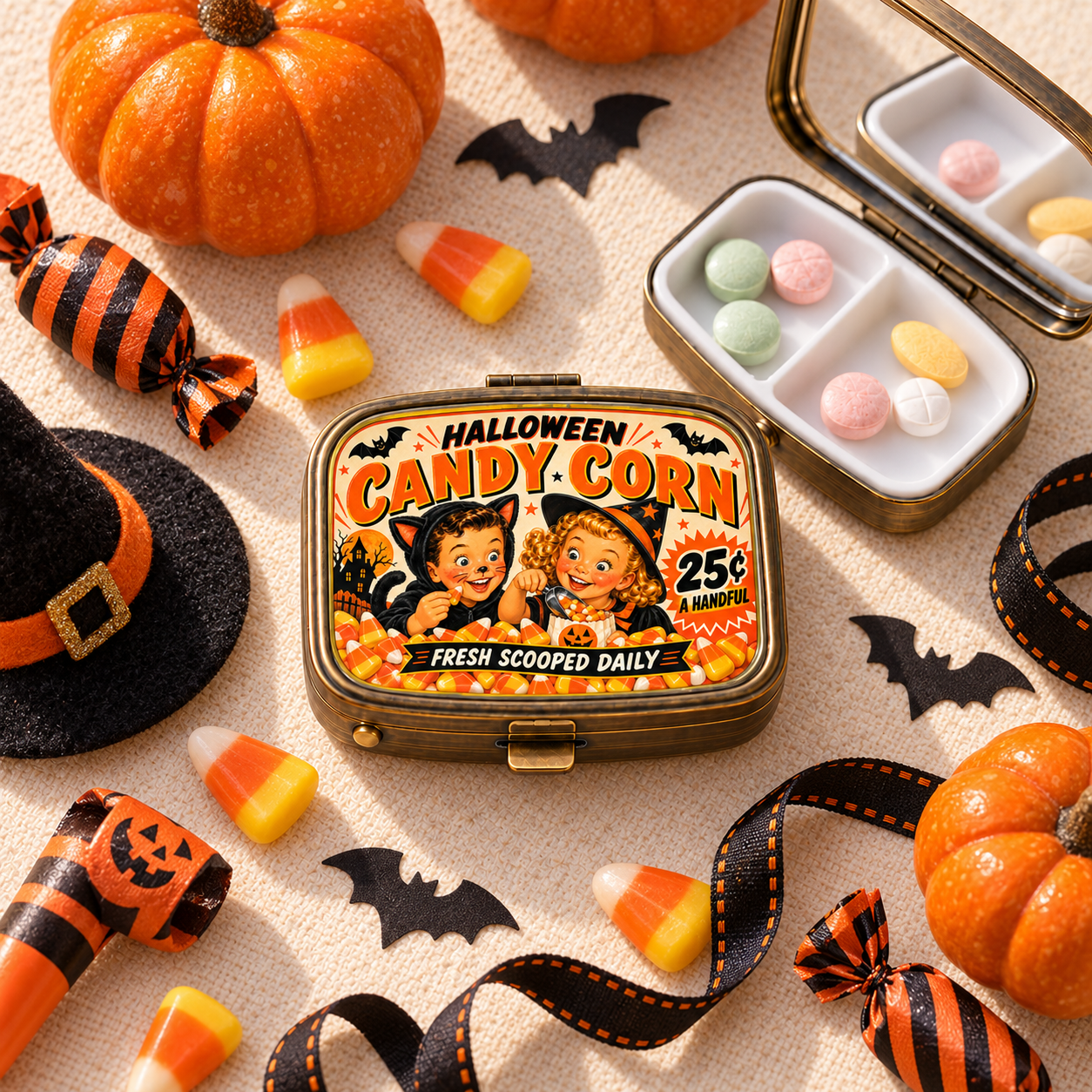 Candy Corn Halloween pill box lifestyle image