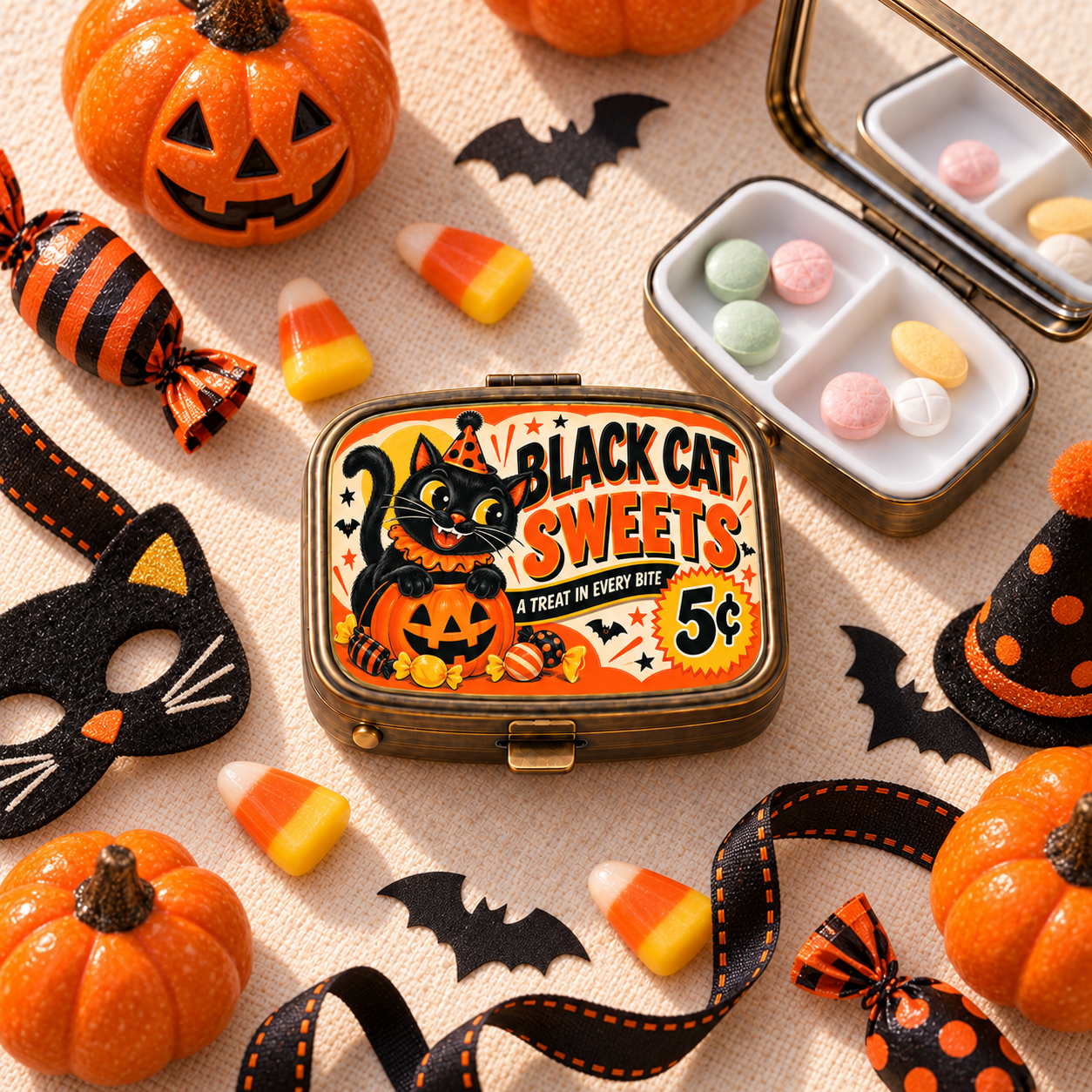 Black Cat Sweets Halloween pill box lifestyle image