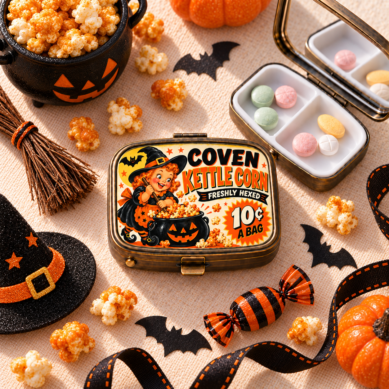 Coven KettleCorn Halloween pill box lifestyle image