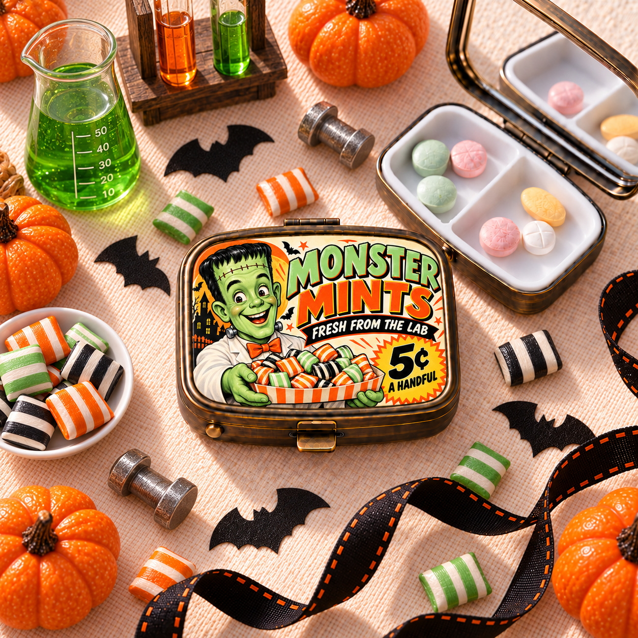 Monster Mints Halloween pill box lifestyle image
