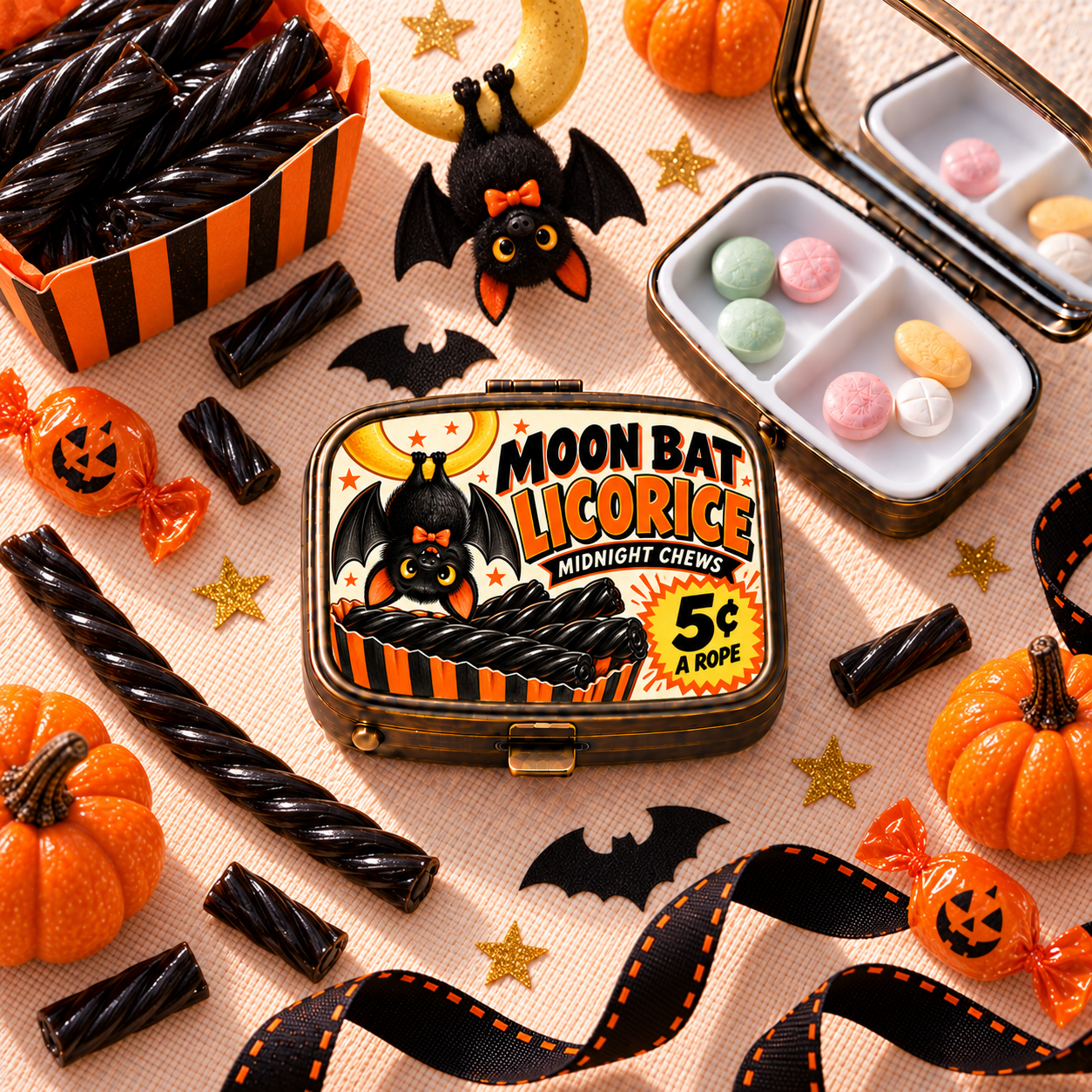 Moon Bat Licorice Halloween pill box lifestyle image
