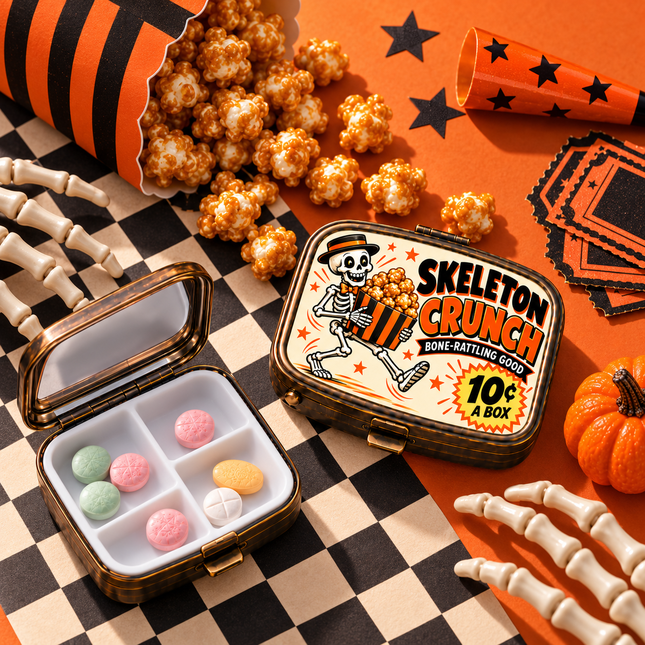Skeleton Crunch Halloween pill box lifestyle image