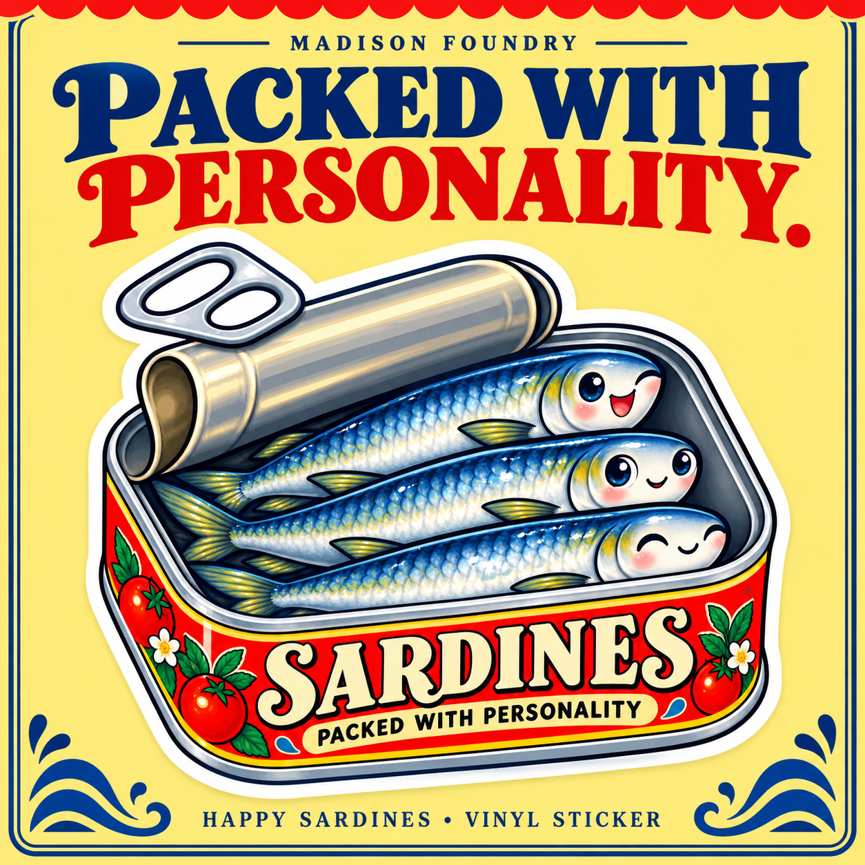 Happy Sardines tin sticker with Packed with Personality yellow and cobalt poster.