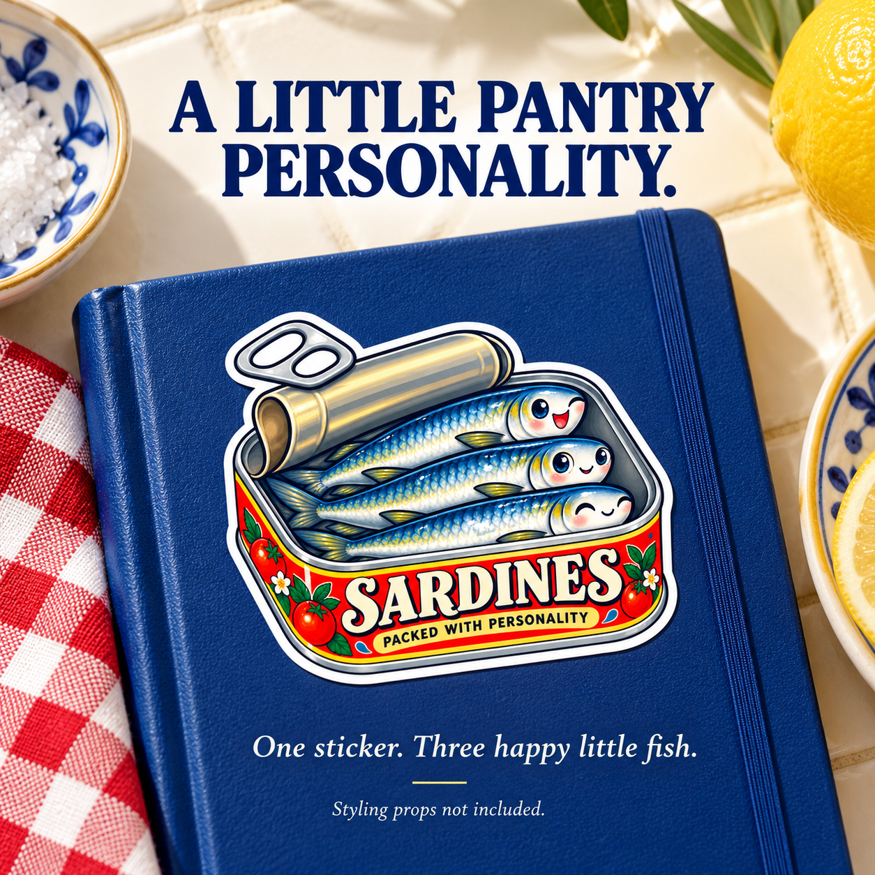 Happy Sardines sticker styled on a cobalt notebook in a coastal kitchen; props not included.
