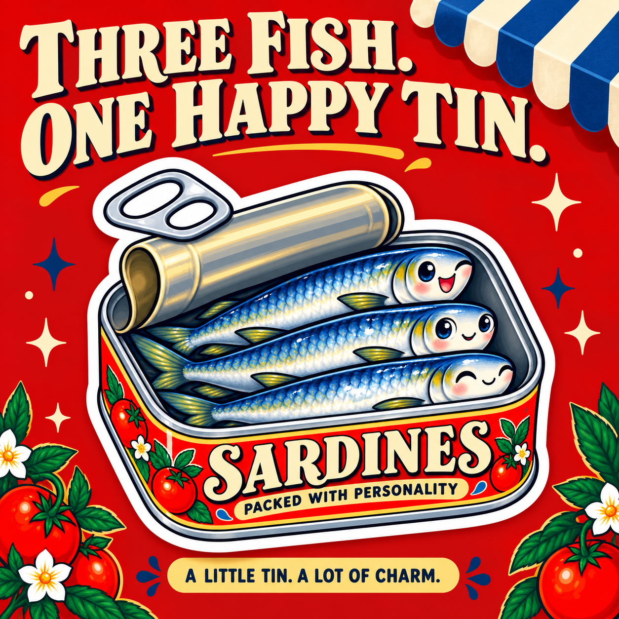 Three smiling sardines in a red tin sticker; Three Fish. One Happy Tin.