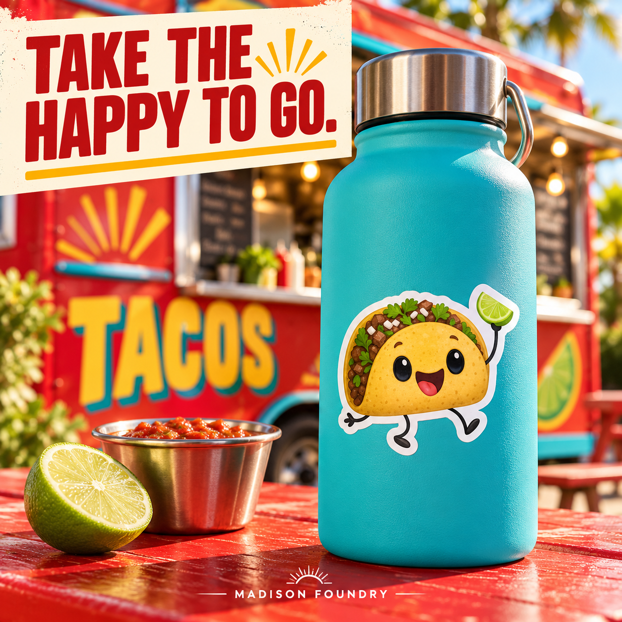 Happy taco sticker on turquoise water bottle