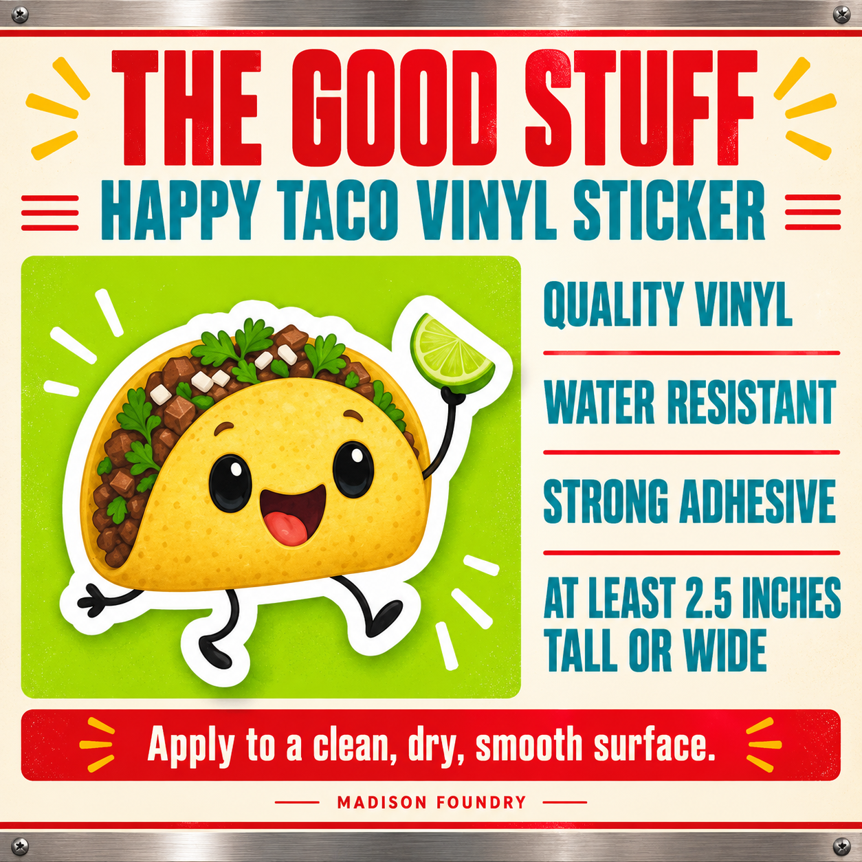 Happy taco vinyl sticker specifications