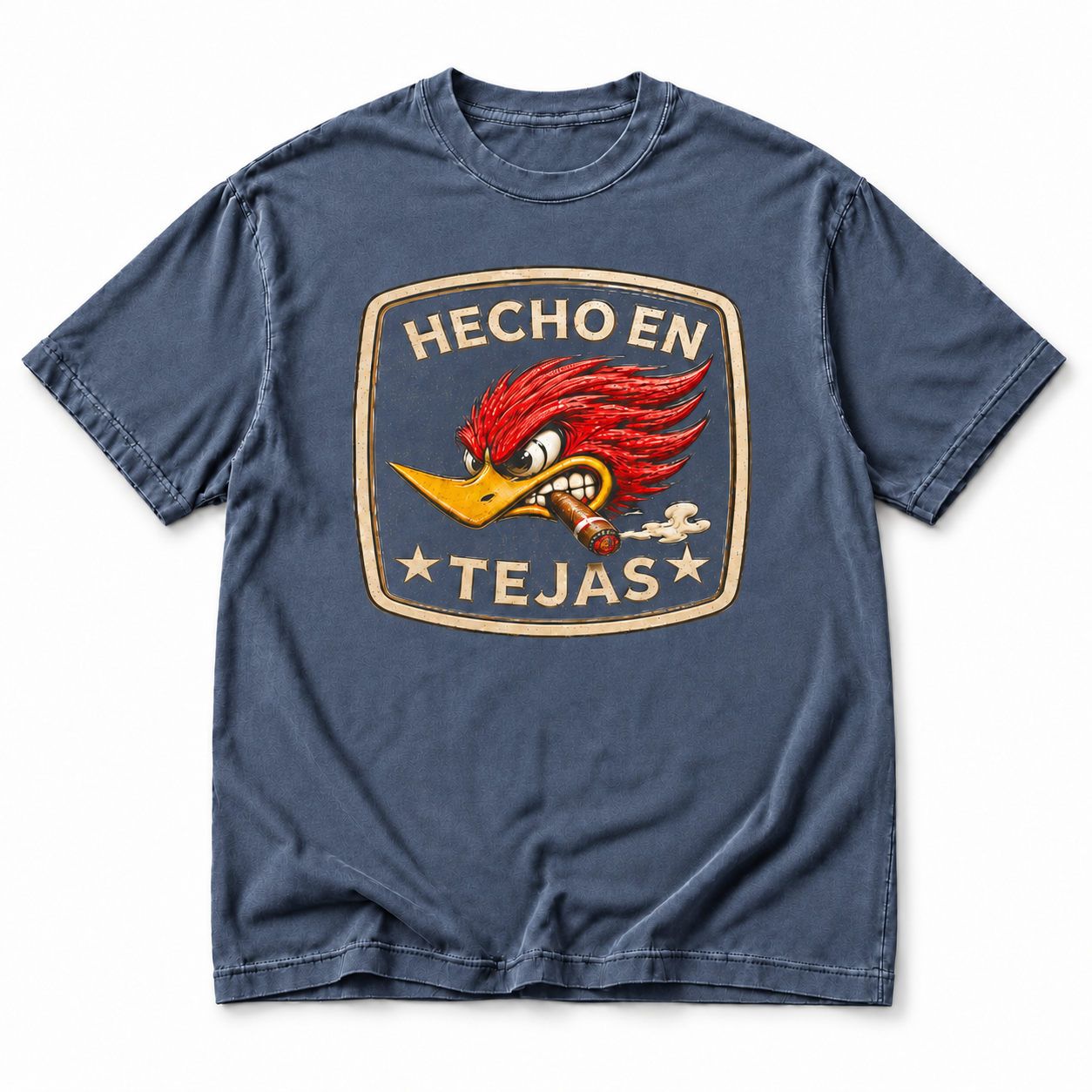 Hecho en Tejas woodpecker Denim Comfort Colors tee on white