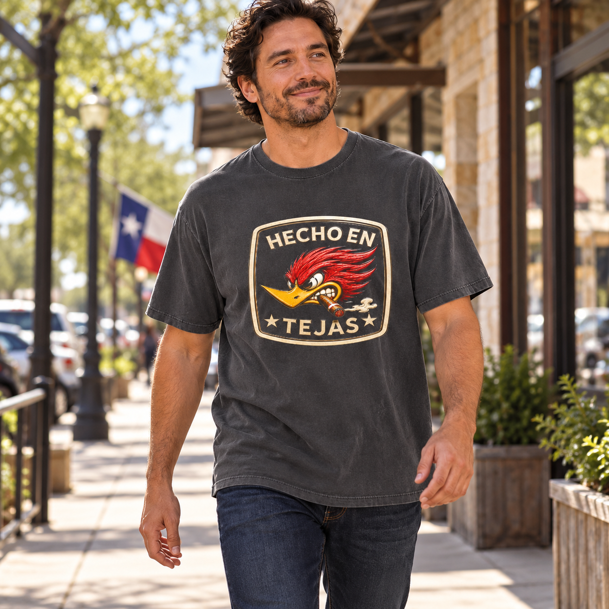 Hecho en Tejas woodpecker tee — candid men's Texas sidewalk lifestyle