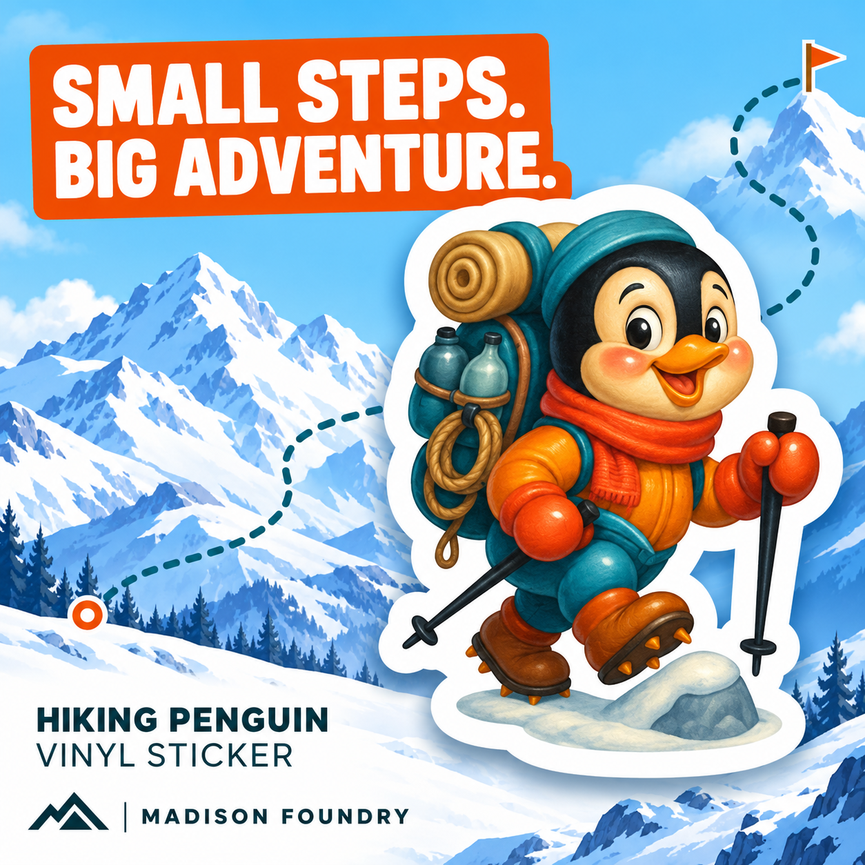Small Steps Big Adventure hiking penguin sticker