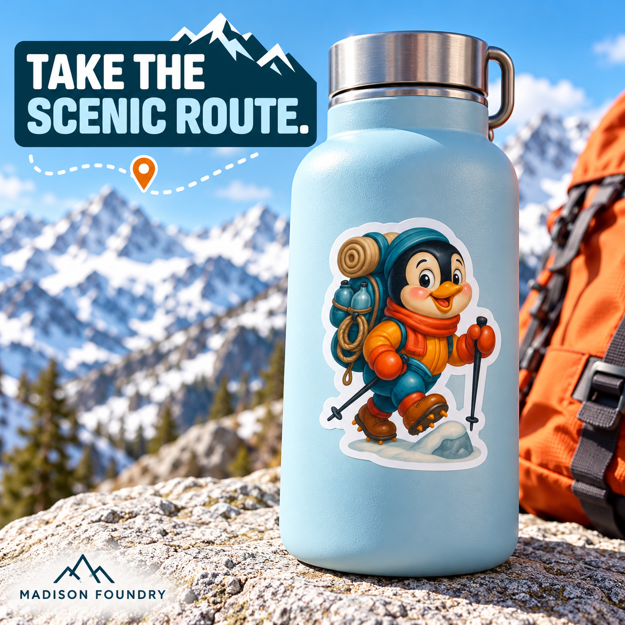 Hiking penguin sticker on alpine water bottle