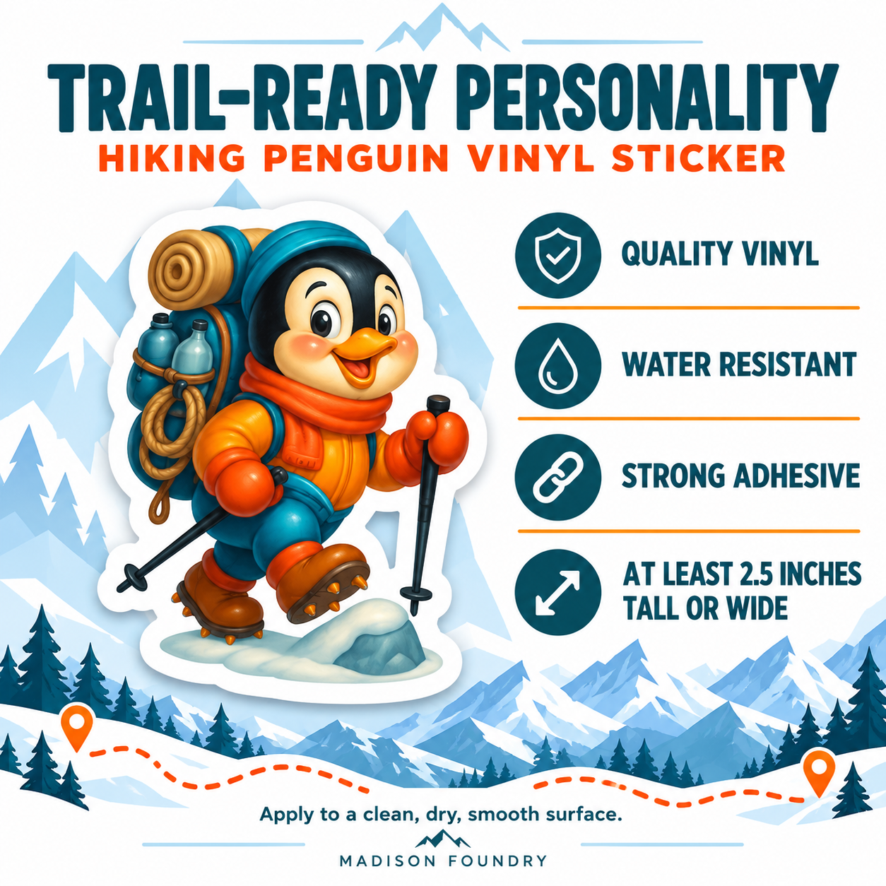 Hiking penguin vinyl sticker specifications