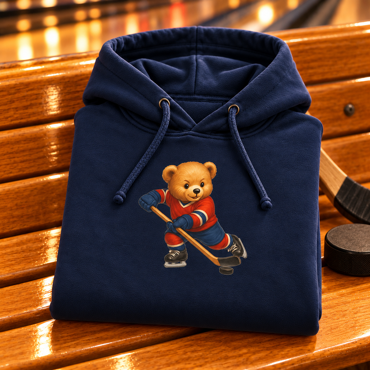 Folded navy Hockey Bear Hoodie beside hockey stick and puck