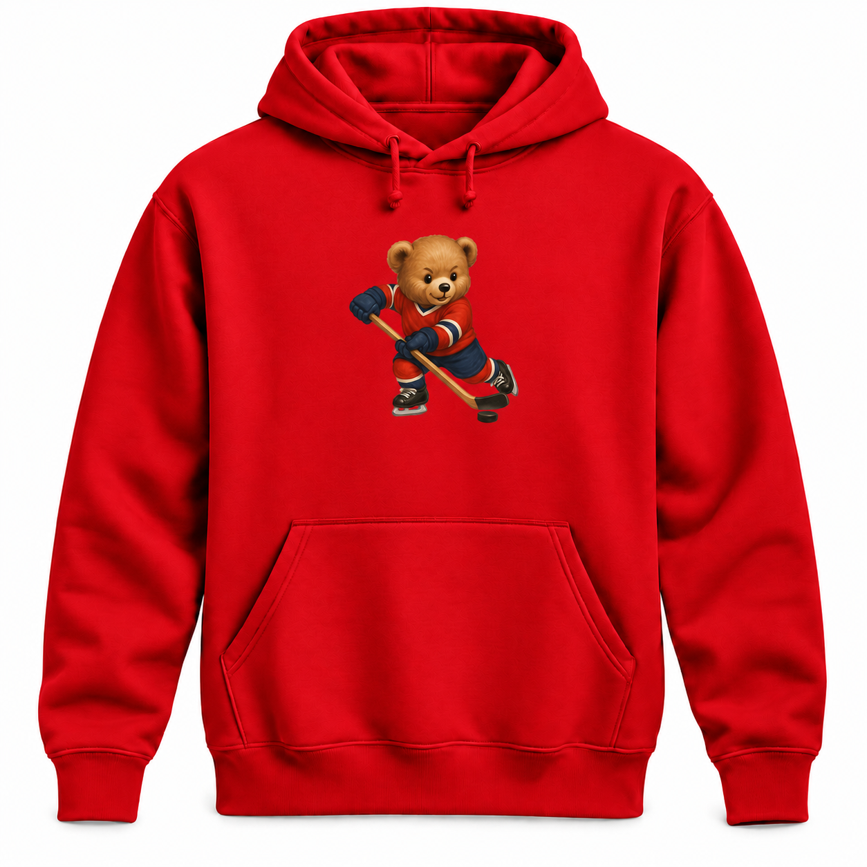 Red Vintage Hockey Bear Hoodie with small chest print