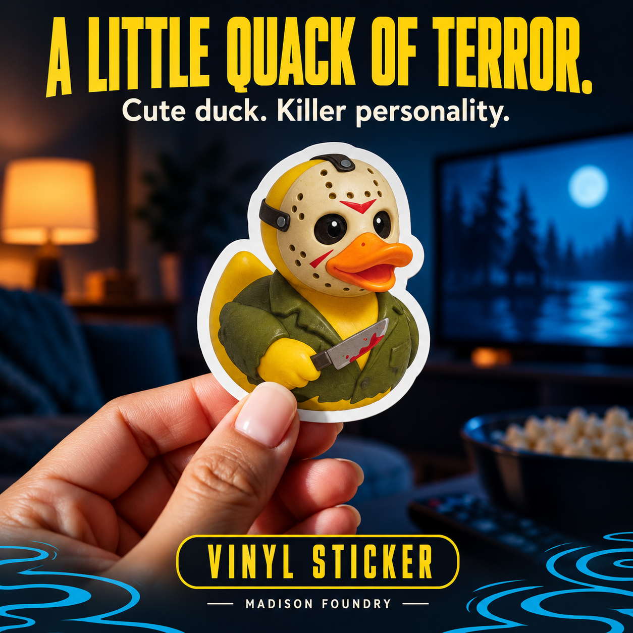 A Little Quack of Terror — hand-held hockey mask rubber duck sticker