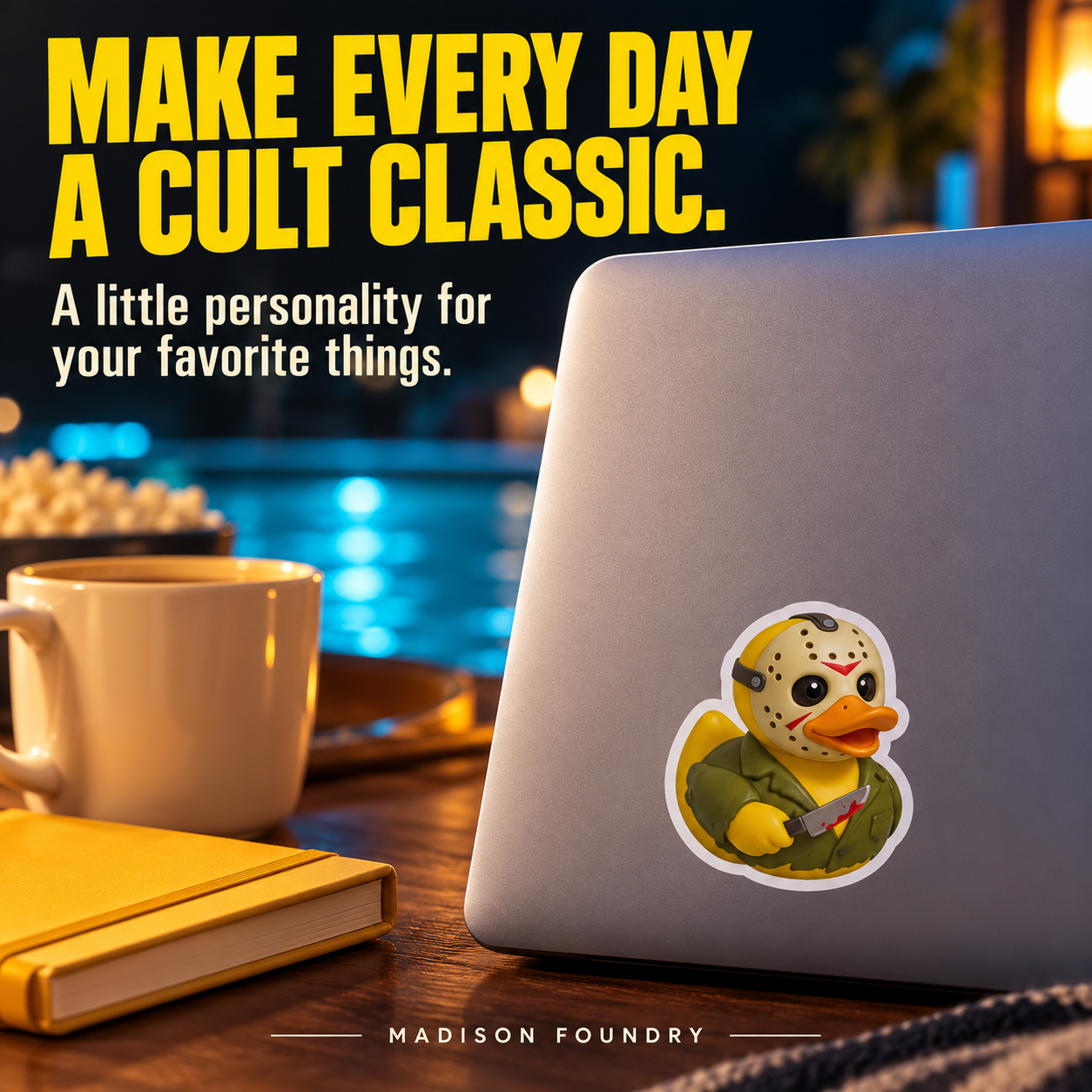Make Every Day a Cult Classic — hockey mask duck sticker on laptop