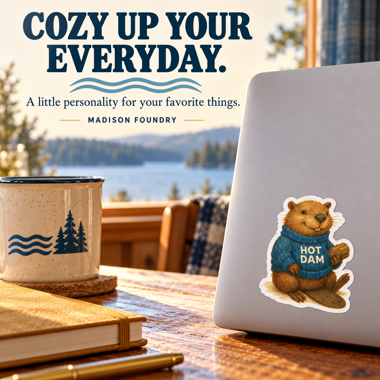 Cozy Up Your Everyday — Hot Dam beaver sticker on laptop